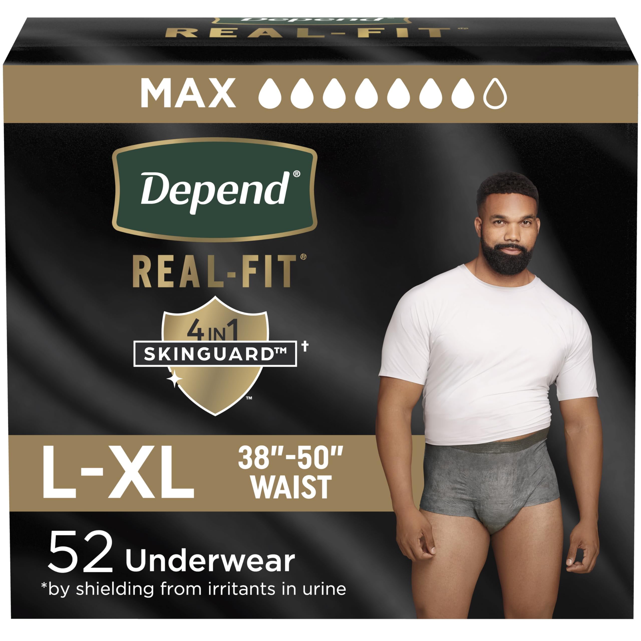 Depend Real Fit Incontinence Underwear for Men, Disposable, Maximum Absorbency, Large/Extra Large, Grey, 52 Count, Packaging May Vary