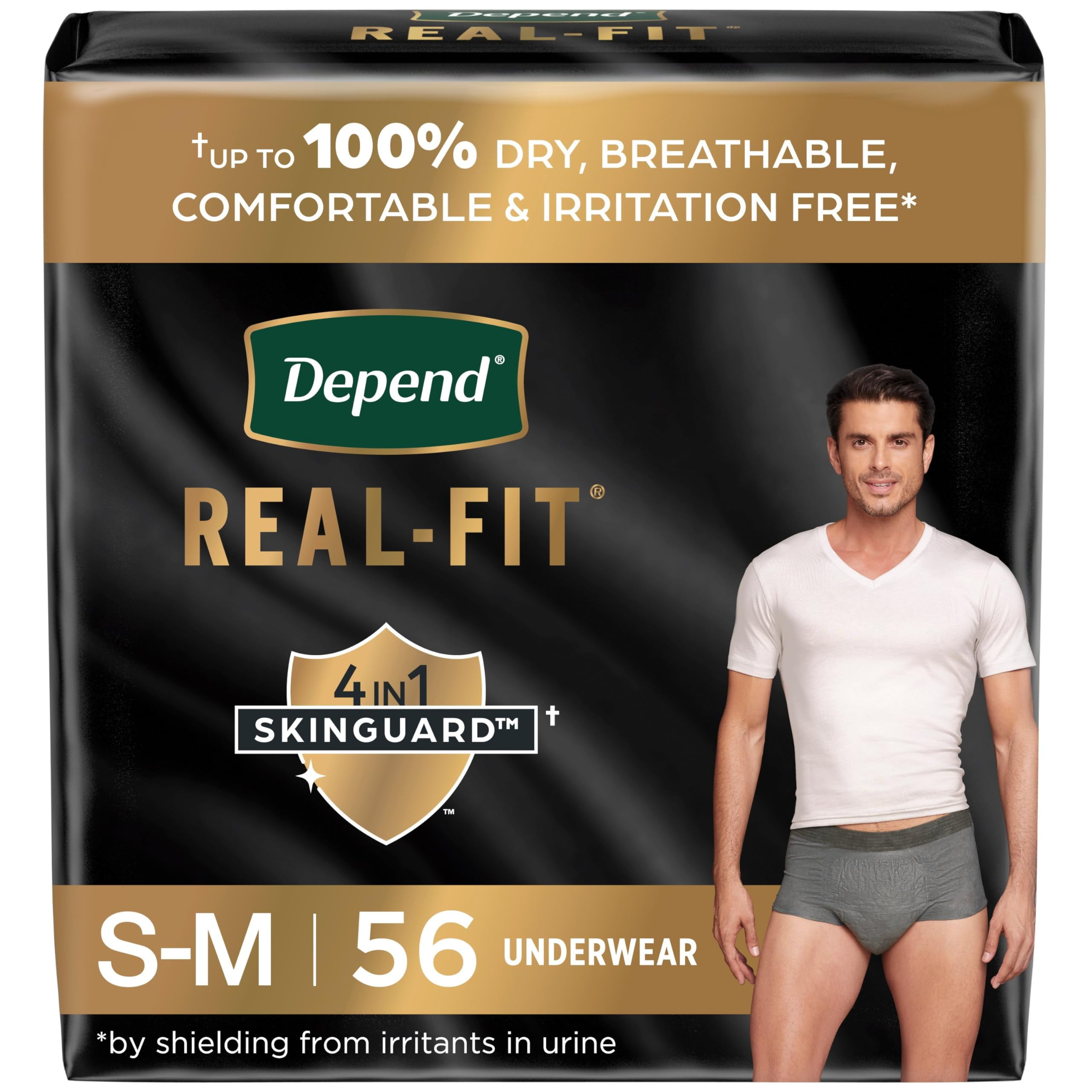 Depend Real Fit Incontinence Underwear for Men, Disposable, Maximum Absorbency, Small/Medium, Grey, 56 Count (2 Packs of 28), Packaging May Vary