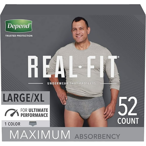 Depend Real Fit Incontinence Underwear for Men, Maximum Absorbency, Disposable, Large/Extra-Large, Grey, 52 Count (Packaging May Vary)