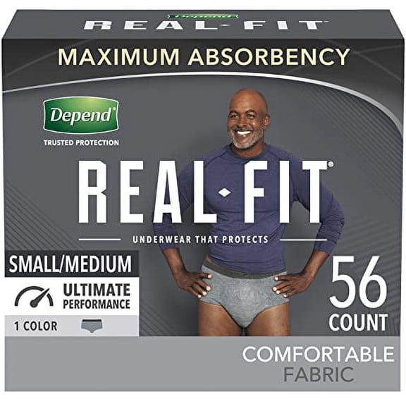 Depend Real Fit Incontinence Underwear for Men, Maximum Absorbency, Disposable, Small/Medium, Grey, 56 Count (Packaging May Vary)