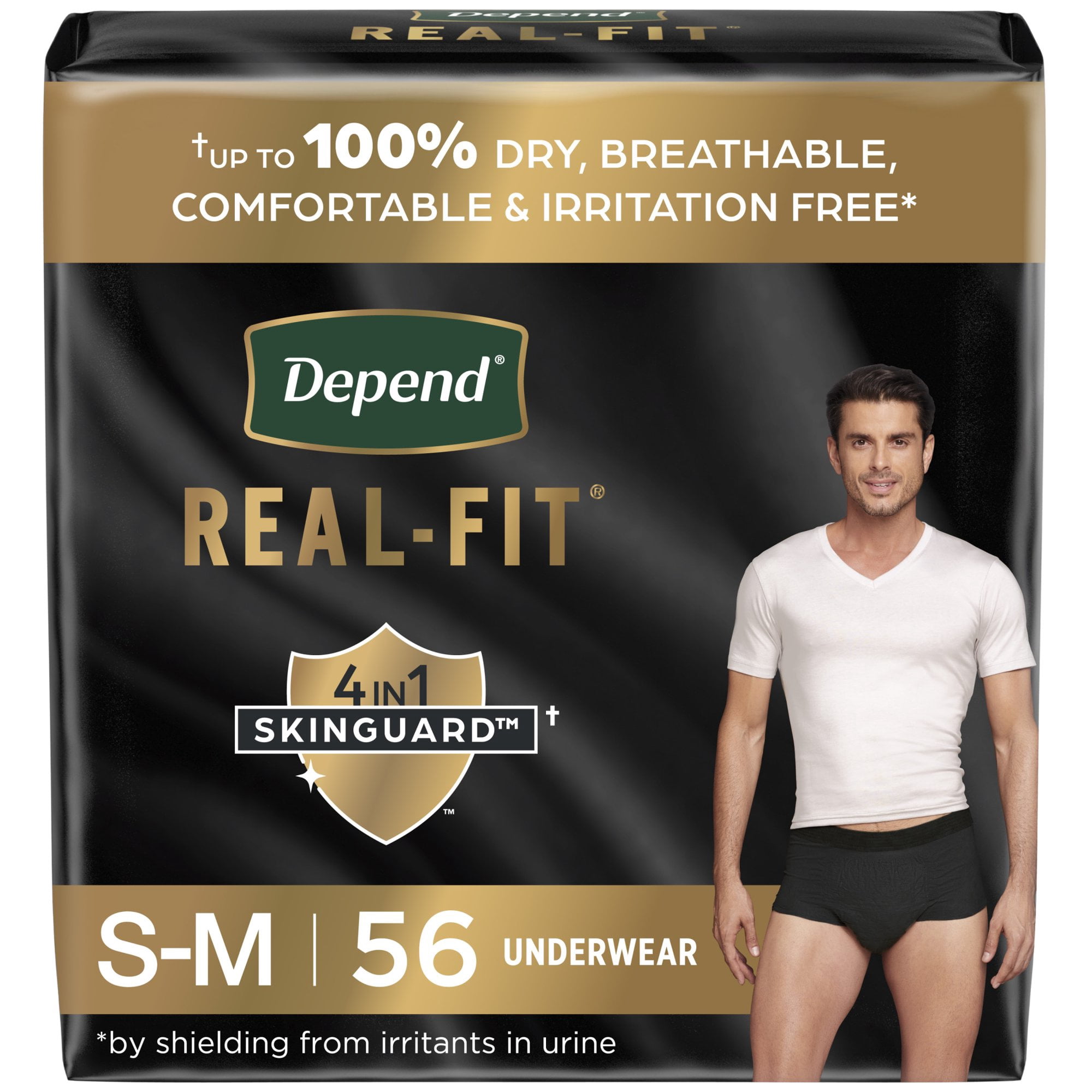 Depend Real Fit Men's Incontinence Underwear, Maximum Absorbency, S/M, Black, 56 Count (3 Packs)