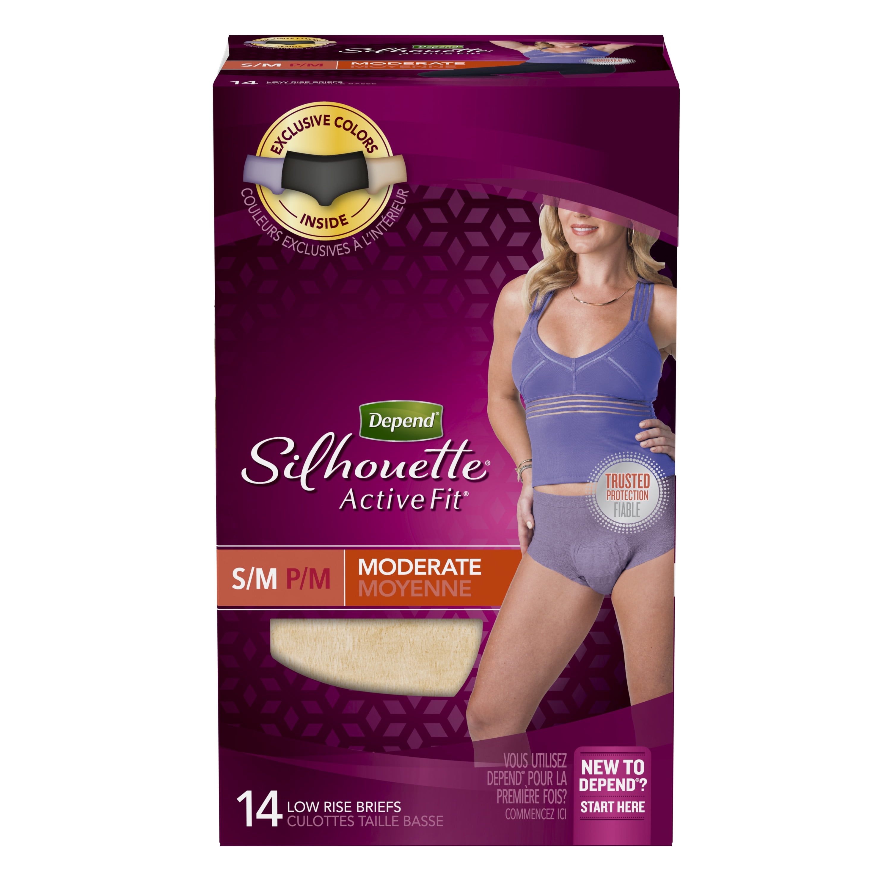 Depend Silhouette Active Fit Incontinence Underwear for Women, Moderate  Absorbency, S/M, Beige/Black/Purple,14 Count