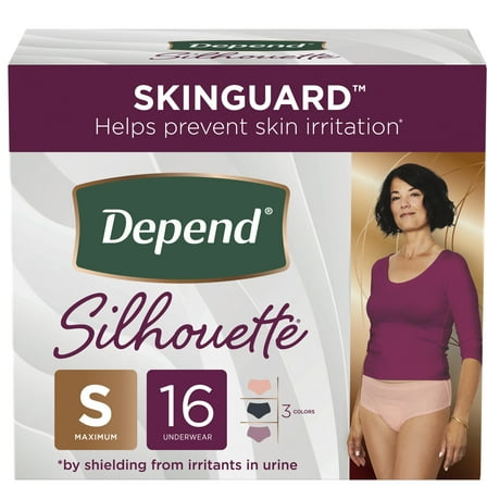 Depend Silhouette Adult Incontinence & Postpartum Bladder Leak Underwear, Disposable Adult Diapers for Women, Maximum Absorbency, S, Black, Pink & Berry, 16 Count
