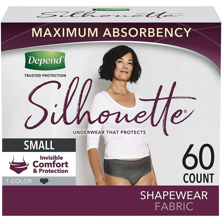 https://i5.walmartimages.com/seo/Depend-Silhouette-Adult-Incontinence-and-Postpartum-Underwear-for-Women-Small-26-34-Waist-Maximum-Absorbency-Black-60-Count-2-Packs-of-30_5721cf85-1a7a-4a23-8832-508441db6e67.21799700a888551593f0c7504df3df7f.jpeg?odnHeight=768&odnWidth=768&odnBg=FFFFFF