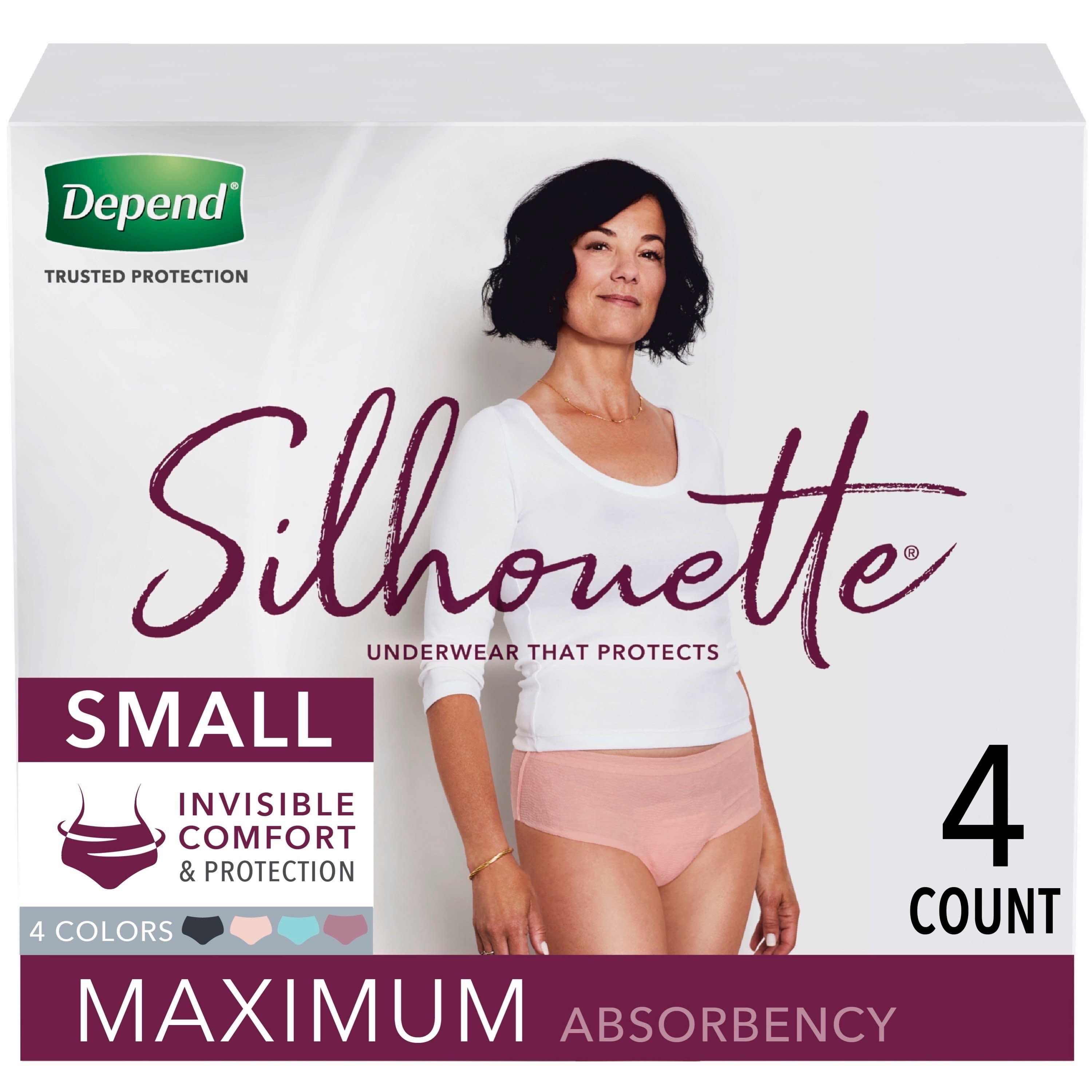 Depend Silhouette Incontinence Underwear for Women, Maximum Absorbency,  Disposable, Pink/Black/Teal/Berry, Small, 4 Count : : Health,  Household & Personal Care