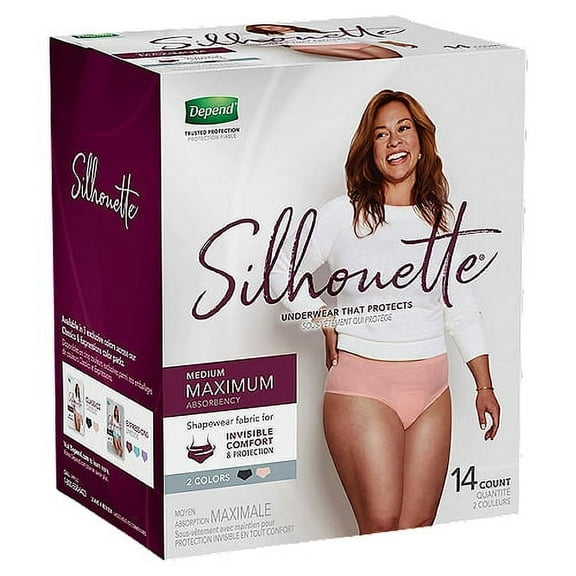 Depend Silhouette Incontinence Underwear, Medium (3242" Waist), Maximum Absorbency, Black & Pink & Berry, Two Bags of 14 Total Count 28