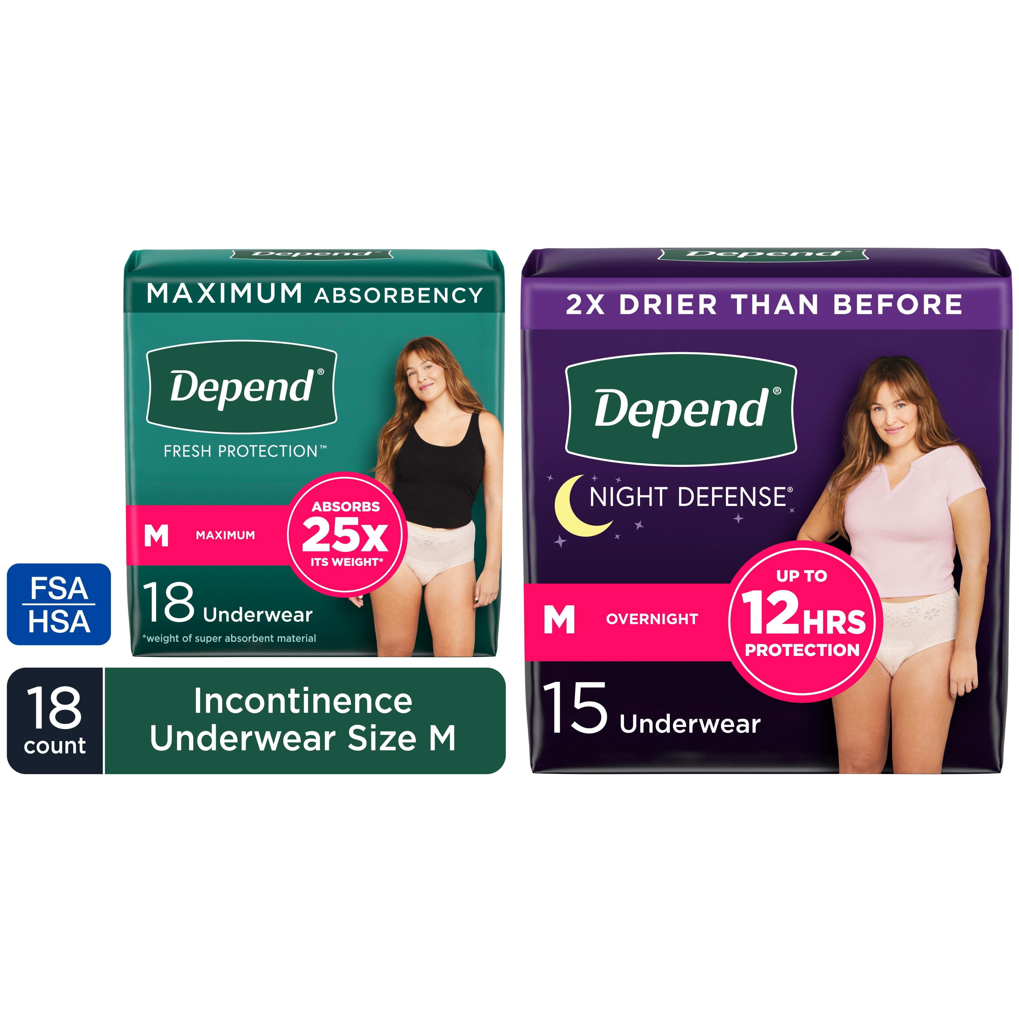 Depend Fresh Protection (18ct) & Night Defense (15ct) Incontinence Underwear for Women, Adult Diapers, M