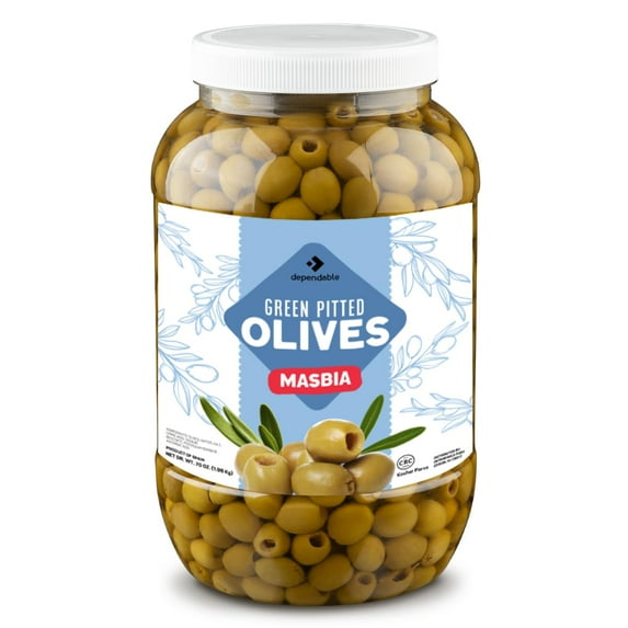 Dependable Food Green Pitted Olives Drained Weight and Kosher Certified Canned Food, 70 Oz. Bulk Can