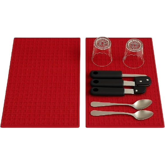 Dependable Industries 2 Pack, Vibrant Red Microfiber Dish Drying Mats - Optimal Absorbency, Quick-Drying, Washable, and Reusable Pads - Perfectly Sized 20"x15" for Your Kitchen