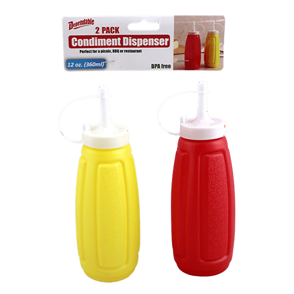Dependable Industries 2 Piece Plastic Squeeze Mustard Ketchup Salad Dressing Condiment Set 12 Ounce BPA Free