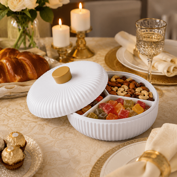 Dependable Industries 3-Section Ribbed Divided Serving Dish with Lid White Candy Nut Fresh Fruit Snack Tray with Gold Handle 8.26 x 5.12 Inch