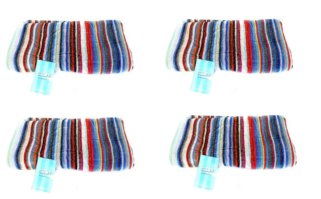 Dependable Industries 4 Plush Velour Striped Bath and Beach Towels Large 28" x 60"