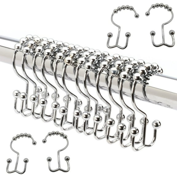 Dependable Industries Double Roller Glide Shower Curtain Hooks, Chrome Finish, 12-Pack