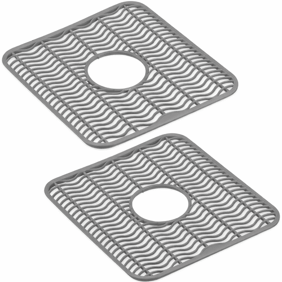 Dependable Industries Essentials 2-Pack Plastic Sink Protector Mats with Center Drain Cutout – Protect Sink, Glasses & Dishes from Scratches & Breaks – 12" x 11" (Gray)