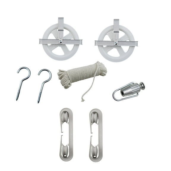 Dependable Industries Inc. Essentials Complete Laundry Clothesline Kit - 100ft Cotton Rope, Rustproof Pulleys, Line Tightener, Wall Hooks, and Plastic Spreaders for Outdoor & Indoor Laundry Hanging