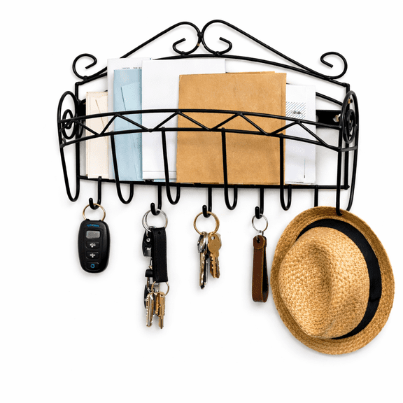 Black Wrought Iron Wall Key Holder and Mail Organizer with Basket and 5 Hooks, Entryway Key Rack for Letters and Accessories