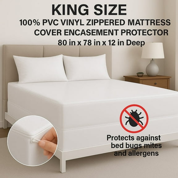King Size Zippered Vinyl Mattress Cover, Heavy-Duty Waterproof Encasement, Fits Up to 12" Deep