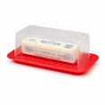 thumbnail image 1 of Plastic Butter Dish with Lid, Standard 1/4 lb Size, BPA-Free, Red Base with Smoked Clear Cover, 1 of 6
