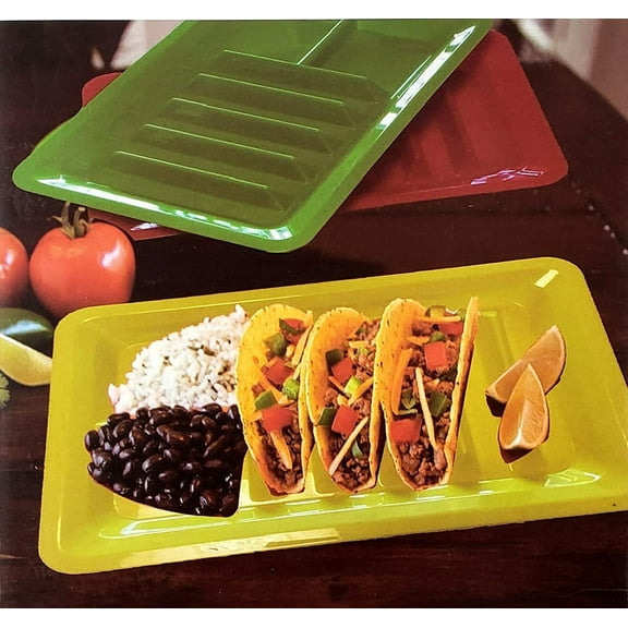 Dependable Industries Taco Plates, 3-Pack, Mess Free, Holder Stand Up, Divider, Multicolor Plastic Platter