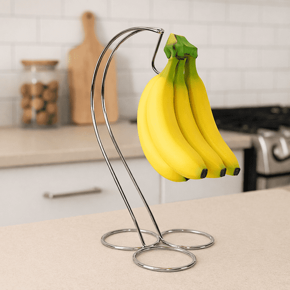 Dependable Industries Silver Chrome Banana Tree Rack Holder Ripen Fruit Evenly Prevents Bruising & Spoiling Kitchen Storage Modern Design
