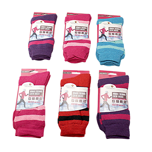 6-Pack Women’s Thermal Crew Socks – Warm Cotton Blend, Assorted Colors, Size 9-11