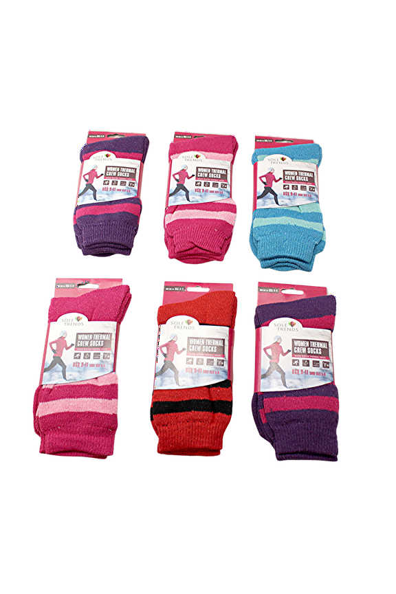 6-Pack Womens Thermal Crew Socks  Warm Cotton Blend, Assorted Colors, Size 9-11
