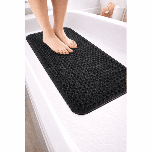 Grass Foot Scrubber Bath Mat for Shower or Tub, Anti Slip PVC Massage Bathmat with Suction Cups, Spa Texture Black
