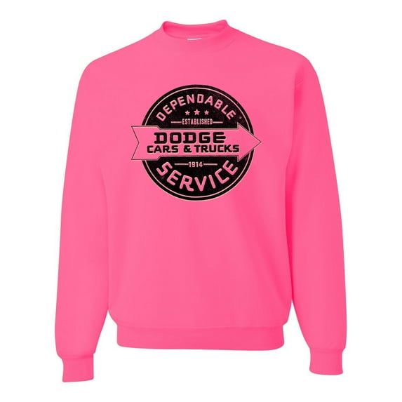 Dependanble Service of Dogde since 1914 | Mens Cars and Trucks Crewneck Graphic Sweatshirt, Neon Pink, X-Large