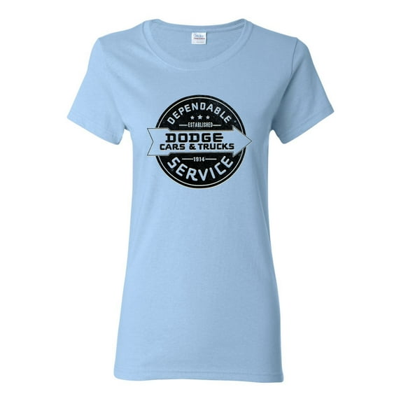 Dependanble Service of Dogde since 1914 | Womens Cars and Trucks Graphic T-Shirt, Light Blue, Medium