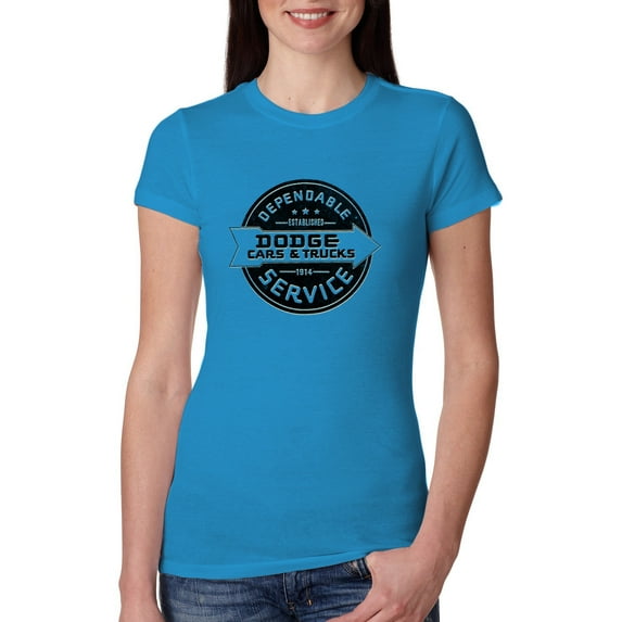 Dependanble Service of Dogde since 1914 | Womens Cars and Trucks Slim Fit Junior Tee, Turquoise, Large