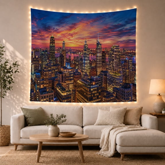 Depiction Urban Skyline with Sunset Early Evening Detailed, Mystical Fantasy for Space Lovers, Galaxy Room Decor, Housewarming Gift, Tapestry Wall Hanging for Bedroom and Dorm