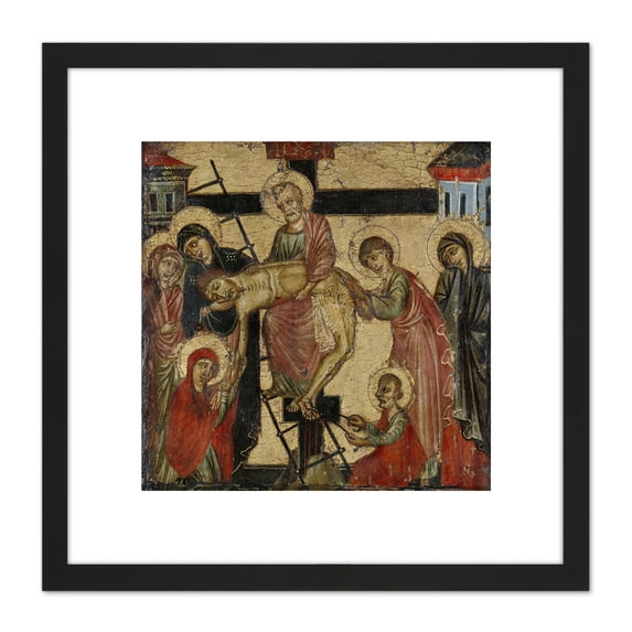 Deposition And Entombment Jesus Christ Painting 8X8 Inch Square Wooden Framed Wall Art Print Picture with Mount