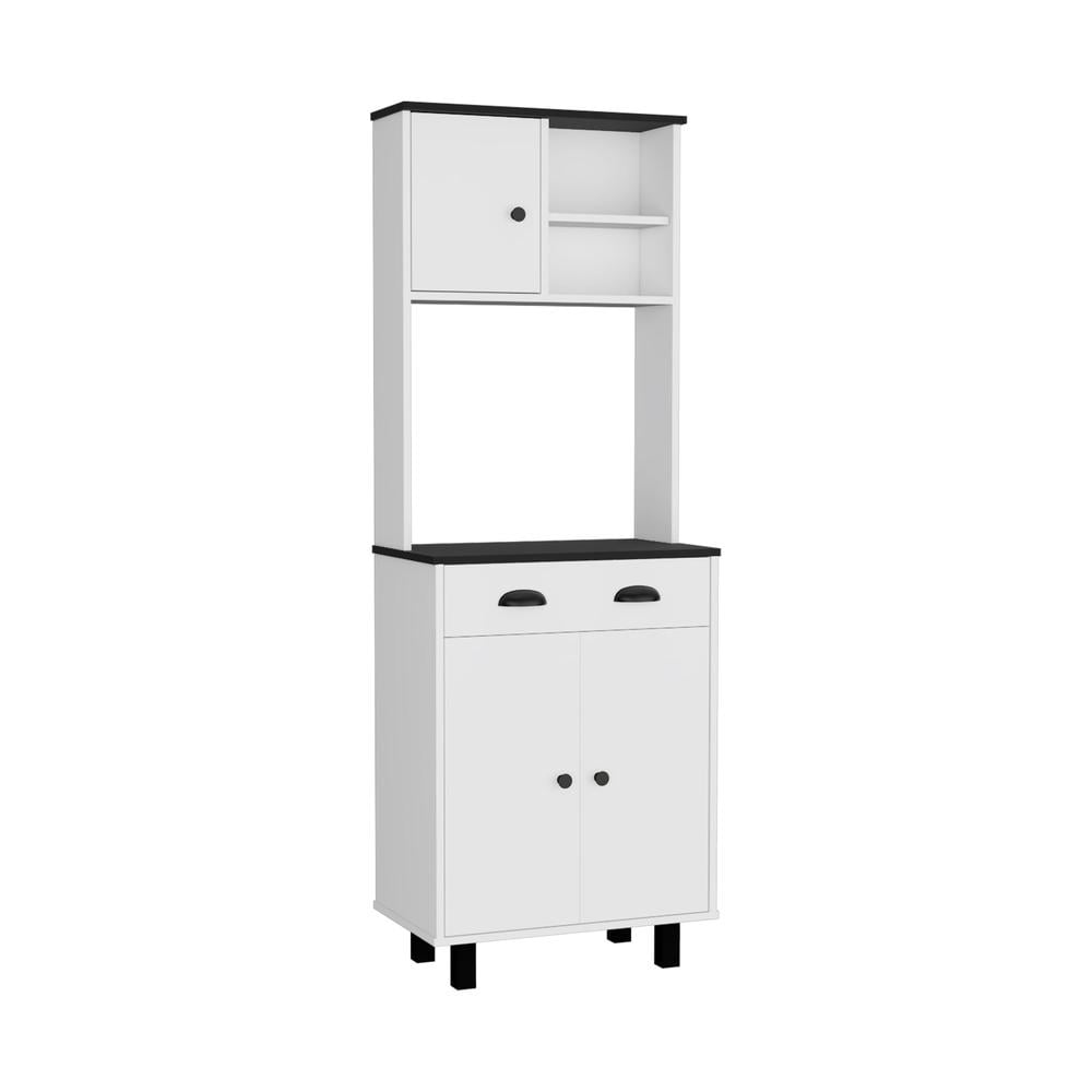 White and Black 67" Kitchen Pantry with Cabinets and Shelves