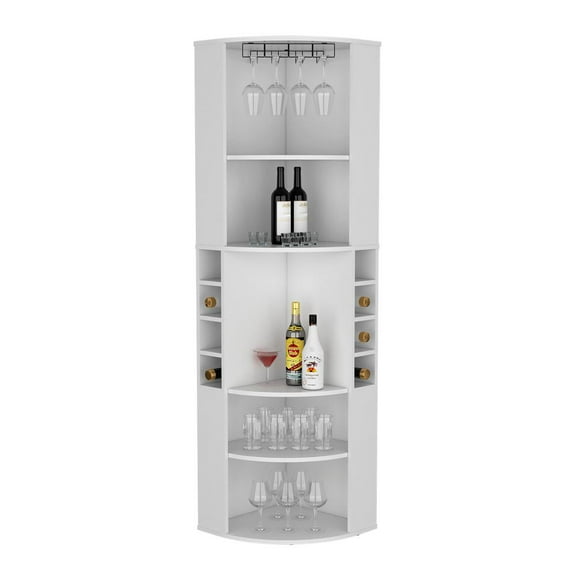Depot E-Shop 71" Corner Bar Cabinet with Five Shelves, Eight Bottle Cubbies and Stemware