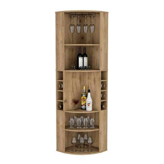 Depot E-Shop Agra 71" Corner Bar Cabinet with Five Shelves, Eight Bottle Cubbies and Stemware