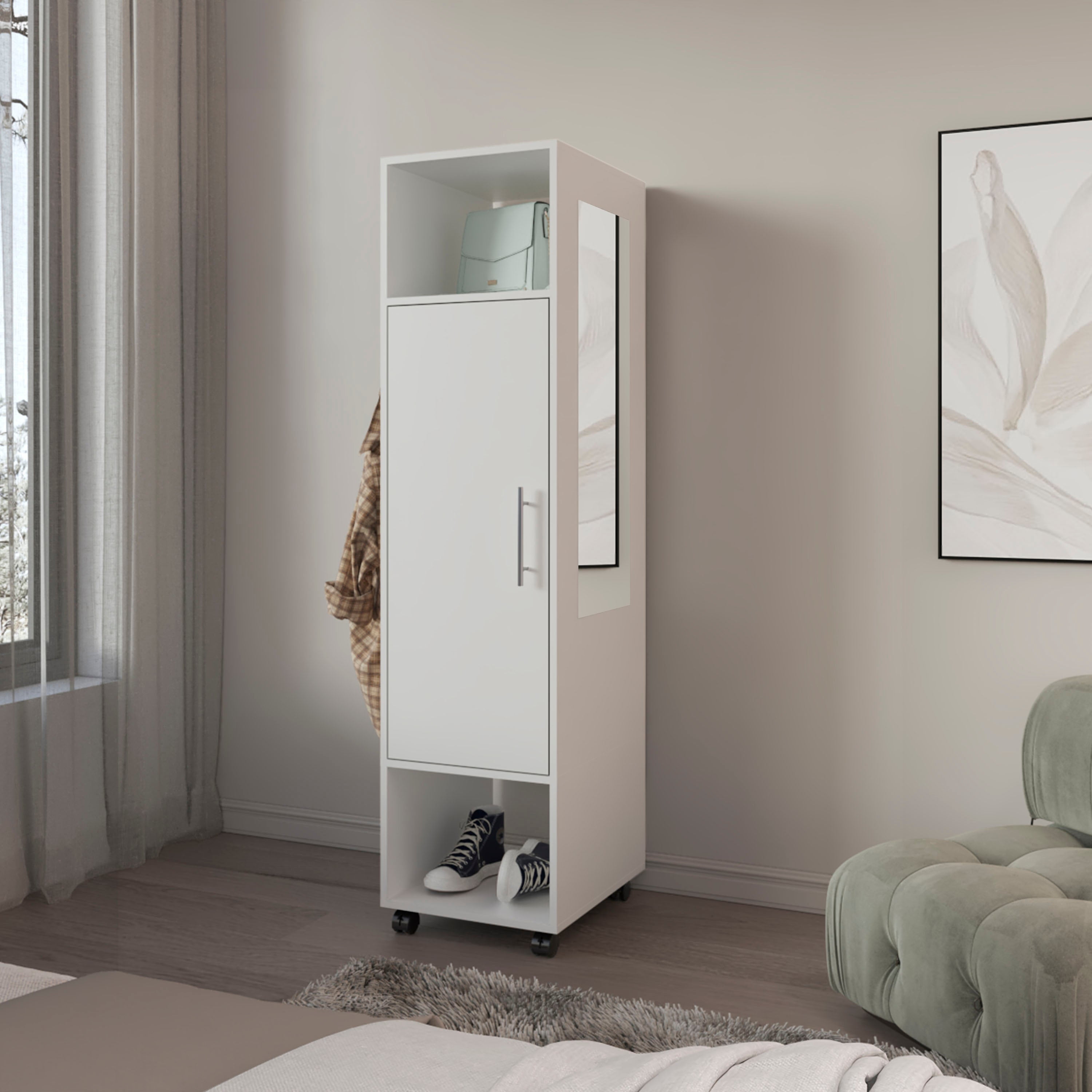 White Modern Armoire with Full-Length Mirror and Shelves