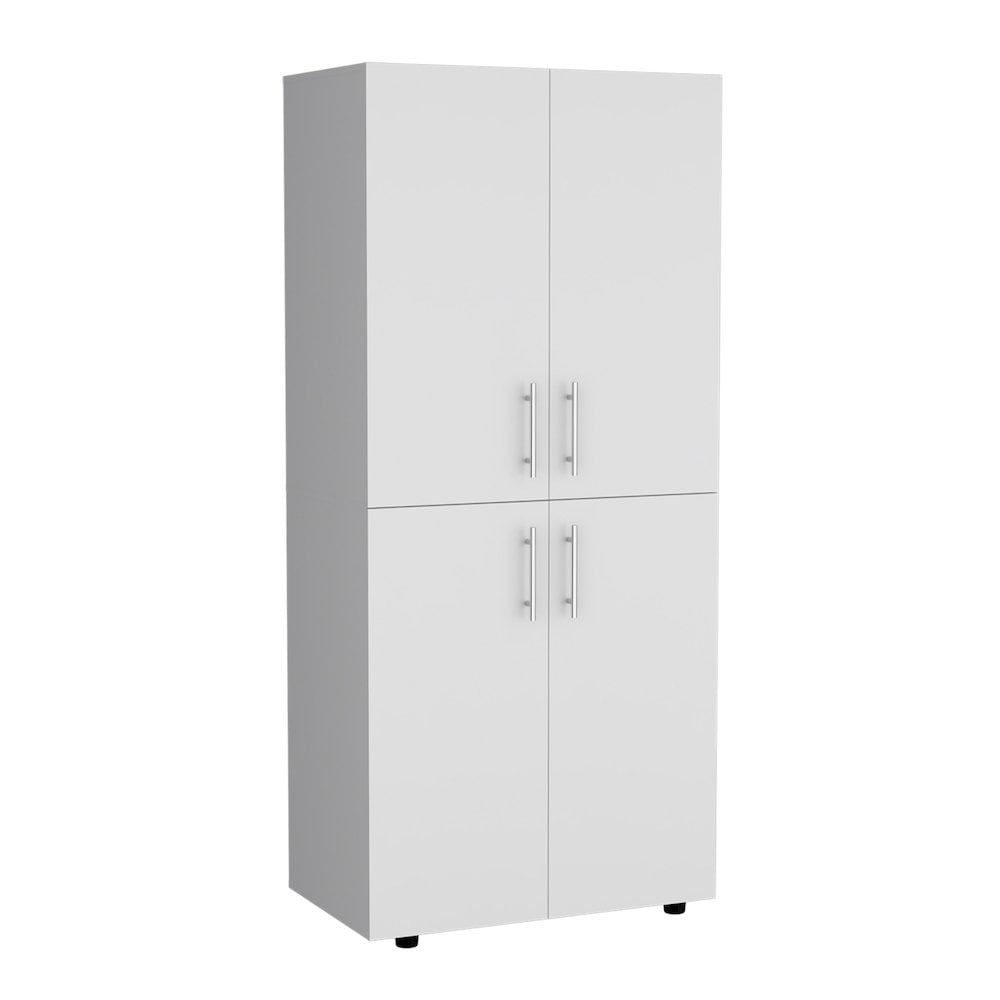 White Four-Door Particleboard Wardrobe with Shelves and Hanging Rods