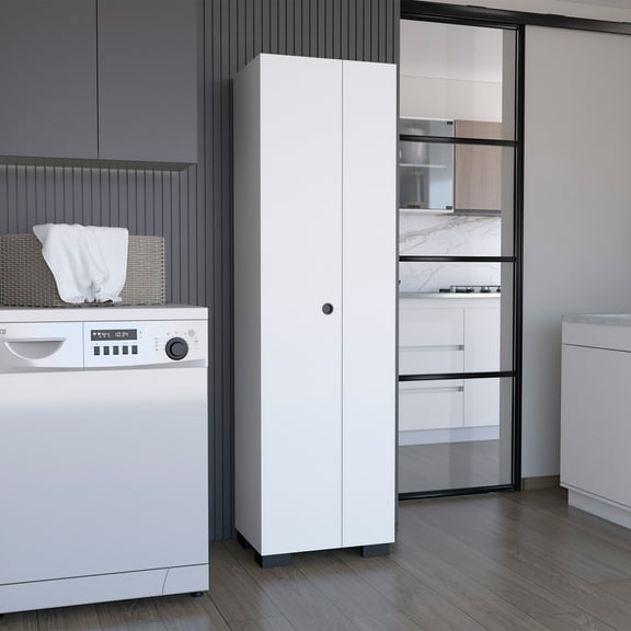 Depot E-Shop Attica 2-Door Broom Cabinet with Inner Shelves and Side Hangers, White