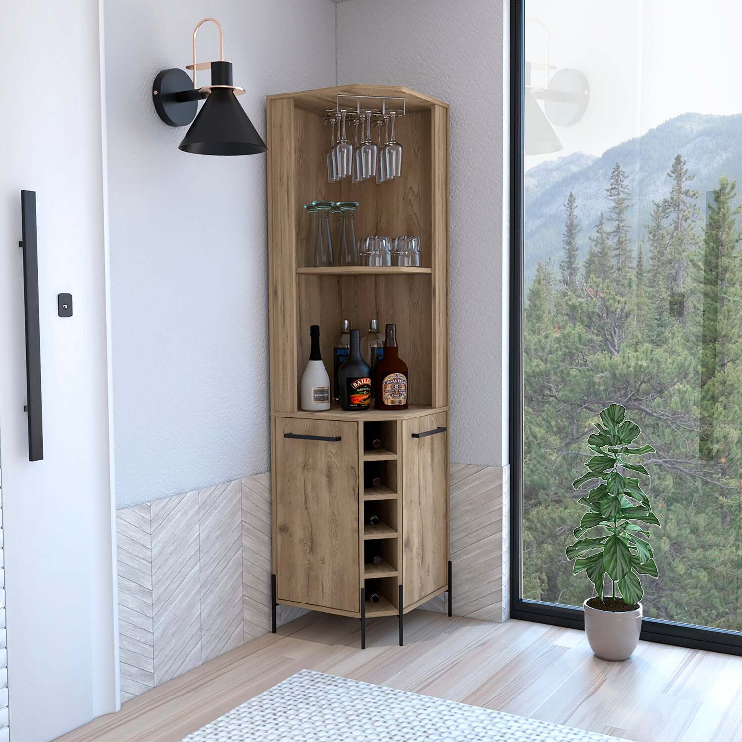 Macadamia Wood Finish Corner Bar Cabinet with Wine Storage