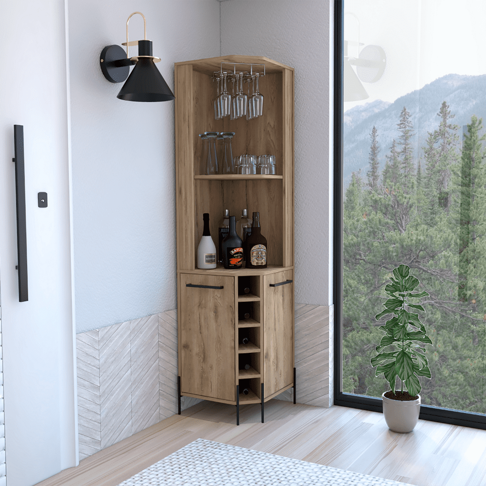 Macadamia Wood Finish Corner Bar Cabinet with Wine Storage