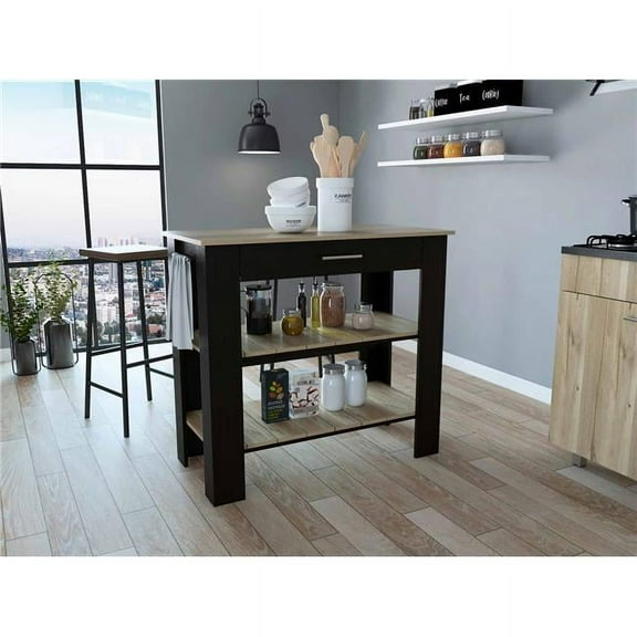 Depot E-Shop Delos 40 Kitchen Island with 2 Shelves, Drawer, 4 Legs, and Towel Rack, Black / Light Oak