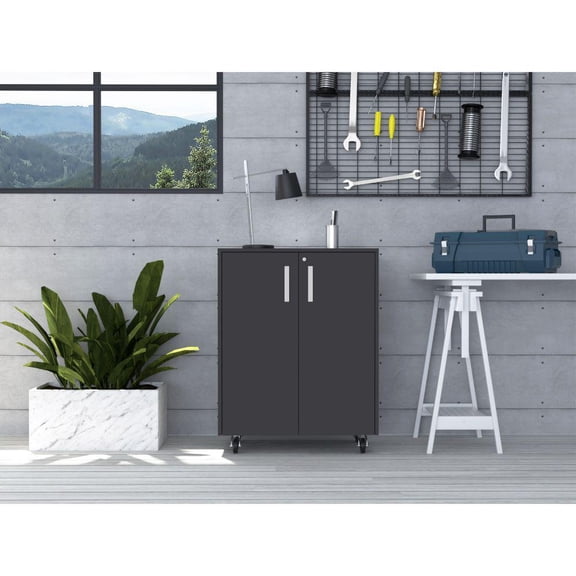 DEPOT E-SHOP Hartford Storage Cabinet, Two-Door Cabinet, Two Internal Shelves, Caster Wheels, Padlock With Key-Black, For Garage