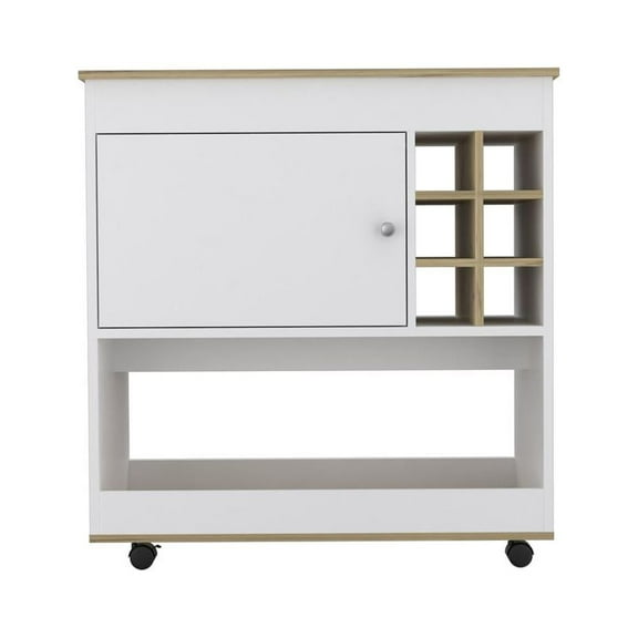 DEPOT E-SHOP Lotus Bar Cart-Six Bottle Cubbies, One Cabinet, Countertop, Lower Panel, Four Casters-White/Light Oak, For Livingroom