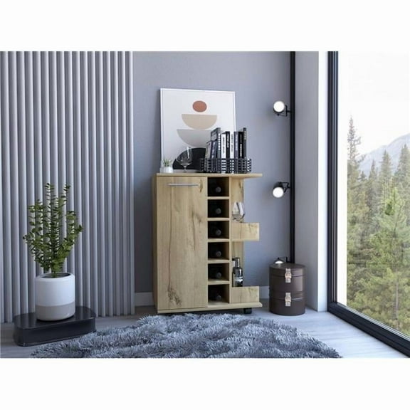 Depot E-Shop Magda Bar Cart With 2 External Shelves, 4 Casters, 6 Wine Cubbies, And Single Door Cabinet, Light Oak