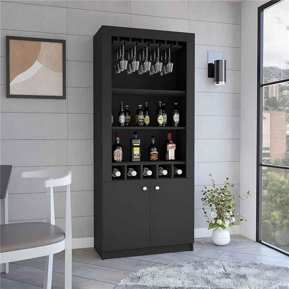 Depot E-Shop Dakota Bar Double Door Cabinet with 5 Wine Cubbies, Rack, and 2 Open Shelves, Black
