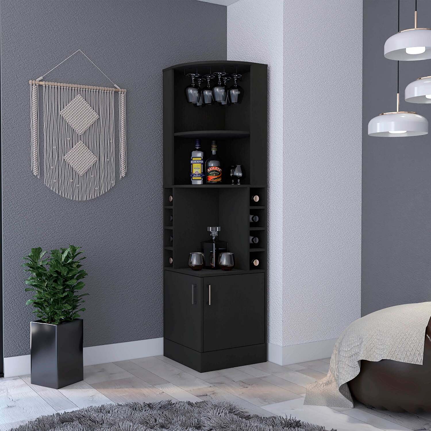 Cairo Black Corner Bar Cabinet with Glass Rack and Wine Cubbies