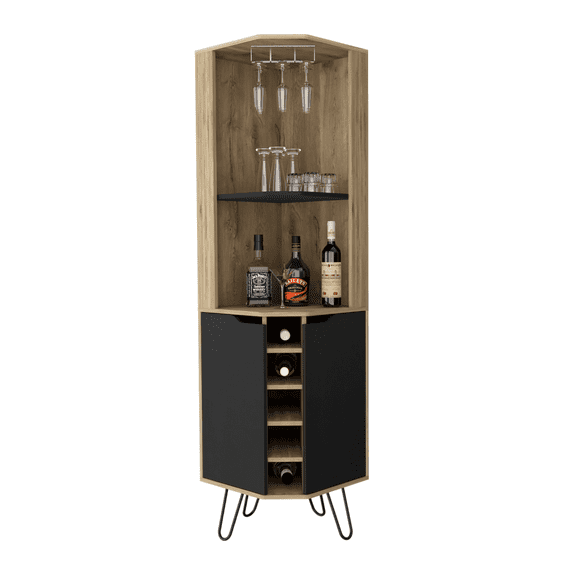 Depot E-Shop DE-BMW7763 Bursan Corner Bar Cabinet, Macadamia & Black