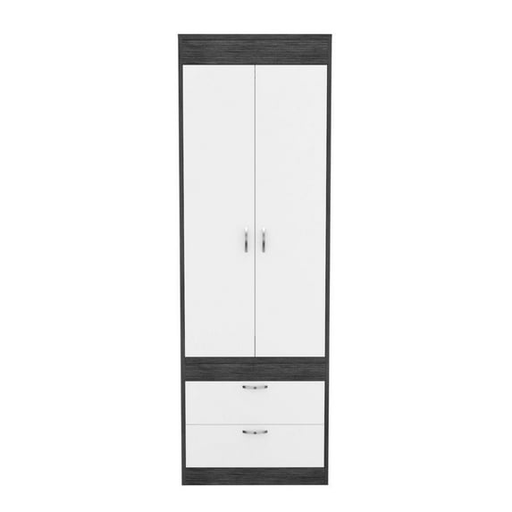 DEPOT E -SHOP DEPOT E-SHOP Portugal Armoire, Two-Door Armoire, Two Drawers, Metal Handles, Rod, Smoky Oak/White, For Bedroom