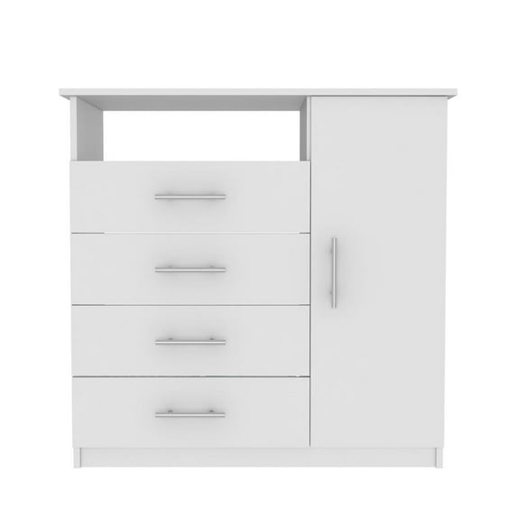 Rioja 4 Drawer Dresser, One Open Shelf, Superior Top, Single Door Cabinet, White