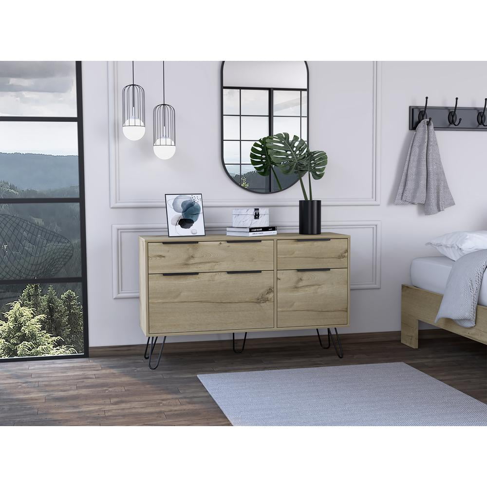 Light Wood Double Dresser with Hairpin Legs and Soft Close Drawers